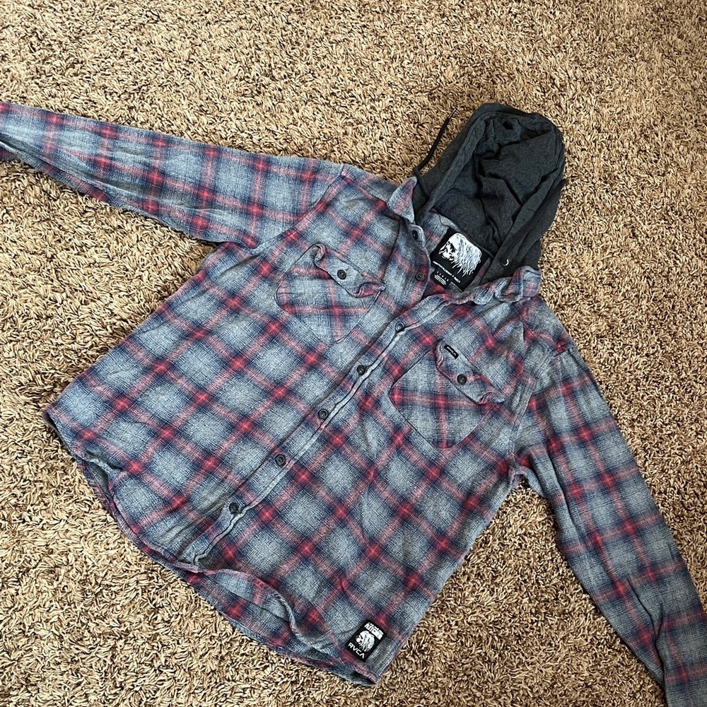 RVCA Gray and Red Plaid Hooded Shirt